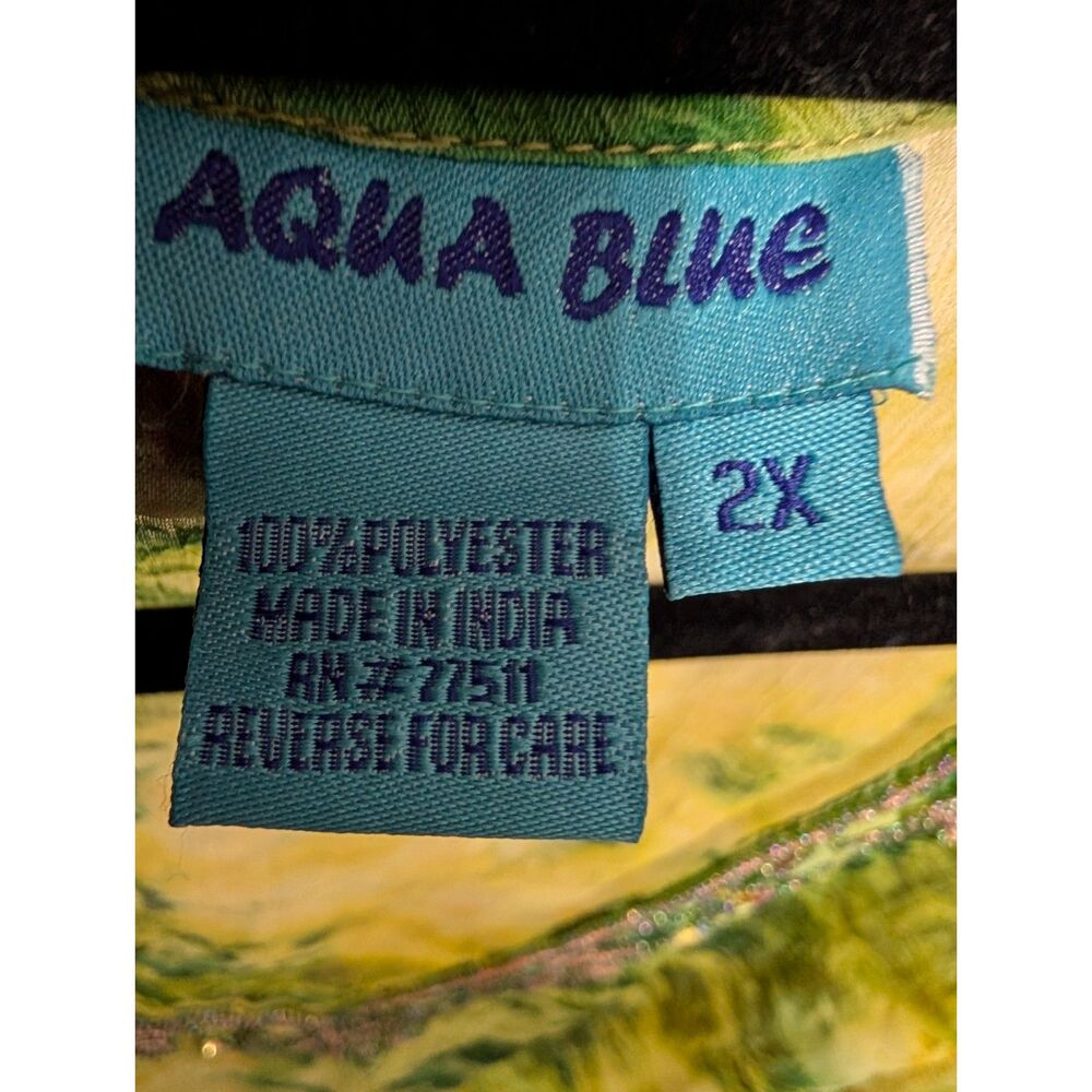 Aqua Blue Boho Sheer Beaded Swim Cover Up 2X Green Gold Tie Dye Resort Top - Picture 4 of 5